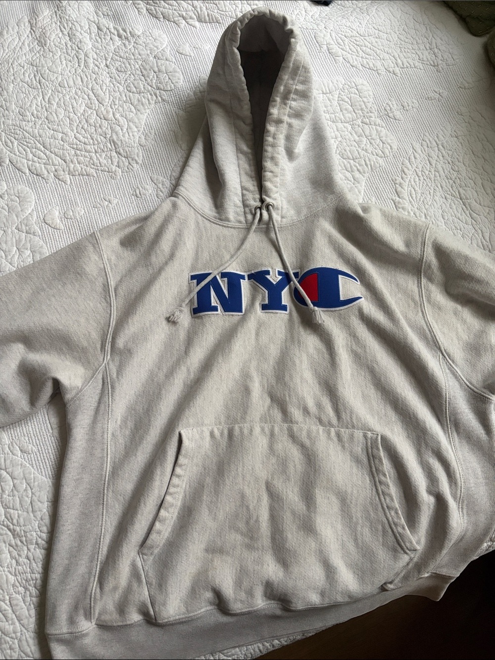Champion Heather Grey NYC Hoodie with Blue & Red Logo